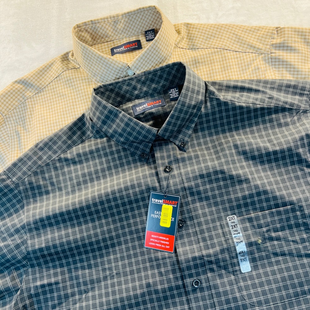 2pc Roundtree & Yorke TravelSmart Mens 2XT Tall Button Down Shirts Plaid Gingham